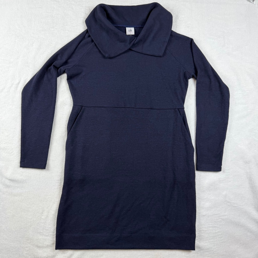 Cabi Navy Blue Knit Long Sleeve Shawl Collar Empire Waist Pocket Dress Small